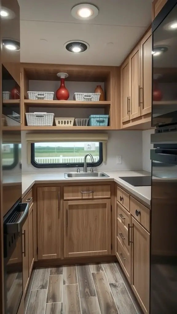 A cozy RV galley kitchen showcasing wooden cabinets, shelves with storage baskets, and a double sink.