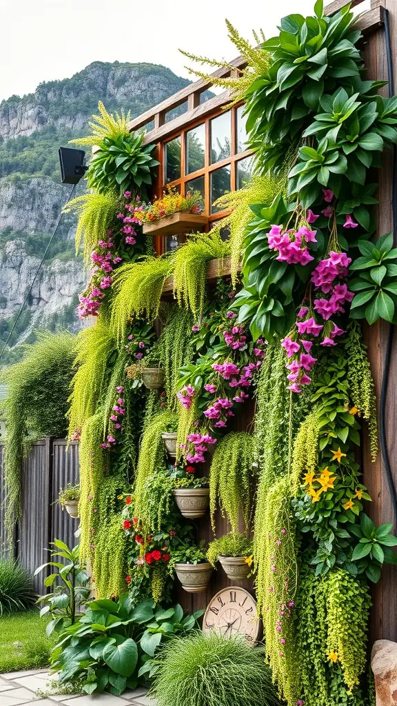 23 Stunning Alpine Garden Ideas for a Breathtaking Landscape 17 A vibrant vertical garden with various cascading plants and flowers against a wooden wall, set in an alpine landscape.