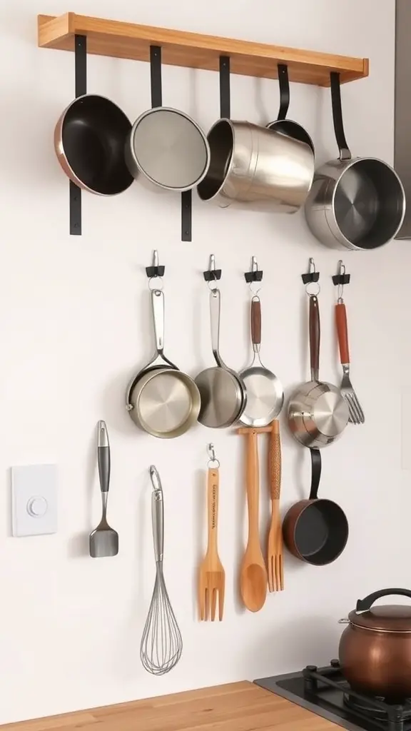 17 Genius Storage Solutions for Small Kitchens 15 A small kitchen with a wooden rack displaying pots, pans, and utensils on wall-mounted hooks.