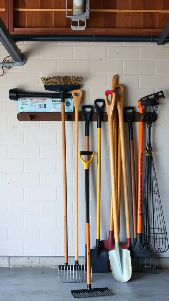 19 Essential Items for Perfect Garage Tool Organization 14 A variety of garden tools organized on a wall-mounted rack in a garage.
