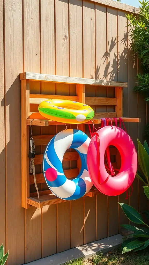 19 Creative Pool Float Storage Ideas You'll Love 7 Wall-mounted rack displaying colorful pool floats against a wooden fence.