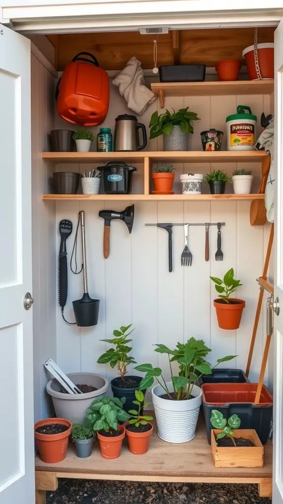 23 Genius Shed Organization Tips for Small Spaces 7 A small shed interior showing organized shelving with plants and gardening tools
