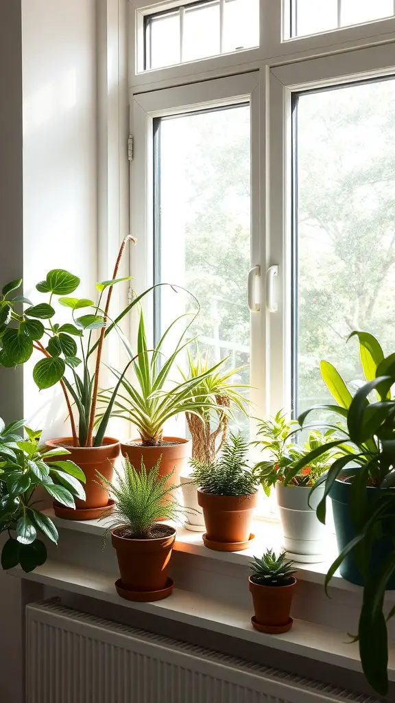 A collection of potted plants on a bright windowsill, showcasing various types of greenery.