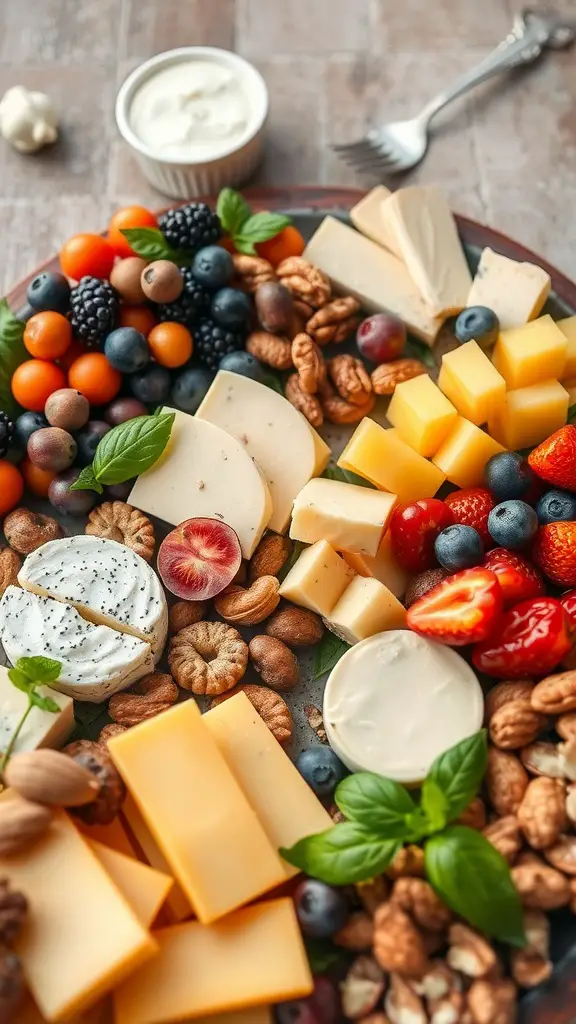 21 Stunning Grazing Table Ideas for Your Next Celebration 15 A vegan grazing table featuring plant-based cheeses, fruits, nuts, and herbs.