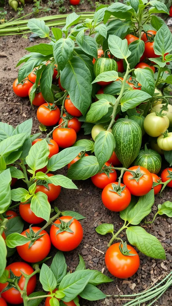 A close-up of ripe red tomatoes and green peppers growing in a vegetable garden patch.