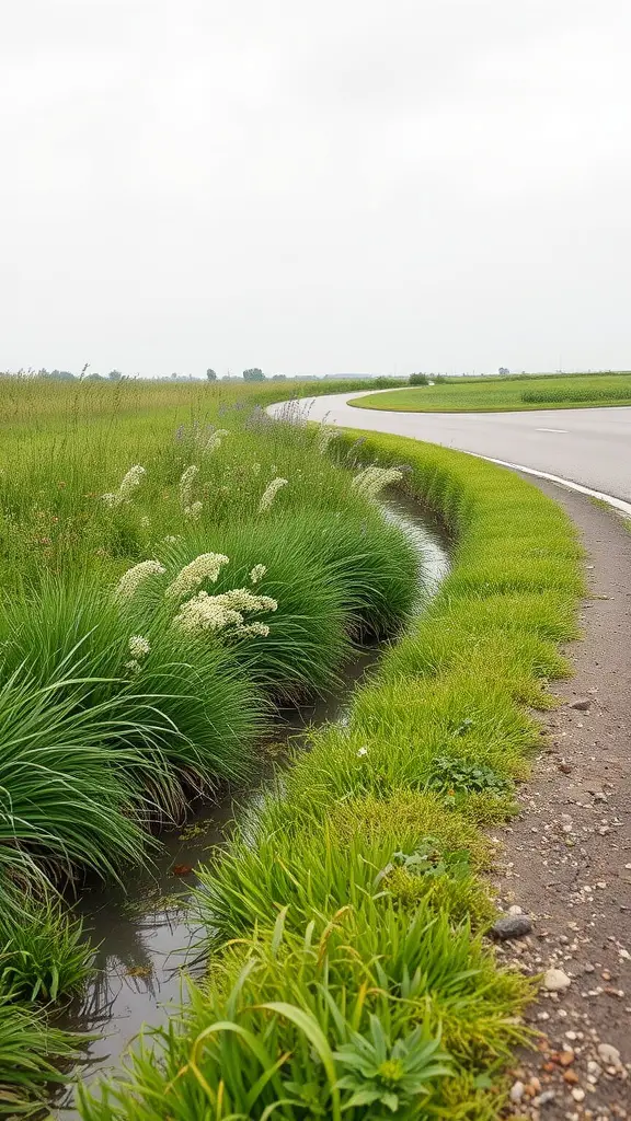25 Creative Yard Drainage Ideas to Transform Your Outdoor Space 17 A vegetated swale with tall grass and flowers along a curving road, designed for drainage.