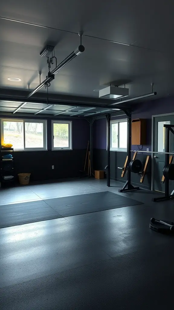 21 Inspiring Garage Gym Ideas for Your Home Workout Space 11 A well-ventilated garage gym with large windows and workout equipment.