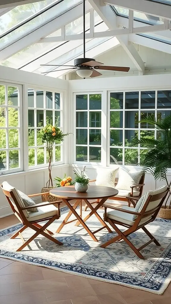 Cozy sunroom with folding furniture including a round table and chairs, featuring natural light and greenery.