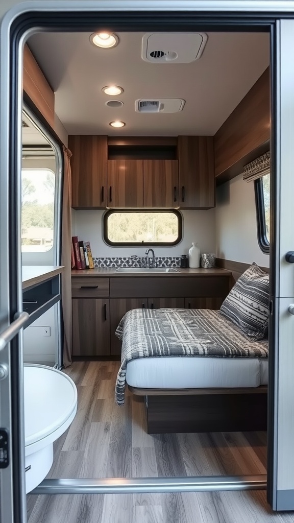 Interior of a small camper featuring a Murphy bed and kitchen area.