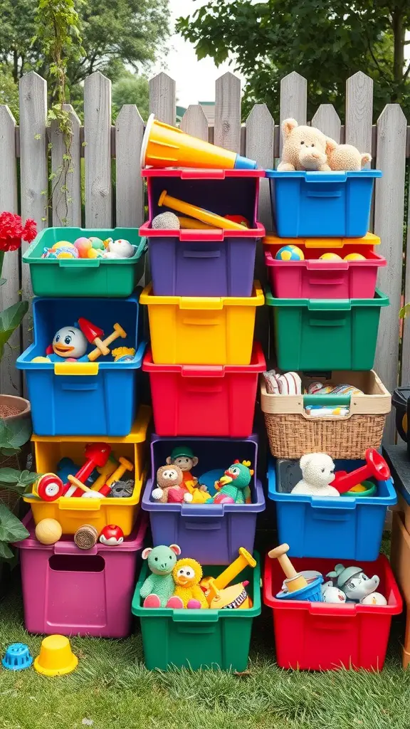 23 Creative Outdoor Toy Storage Ideas for a Clutter-Free Yard 8 Colorful outdoor storage bins filled with various toys stacked in a garden area