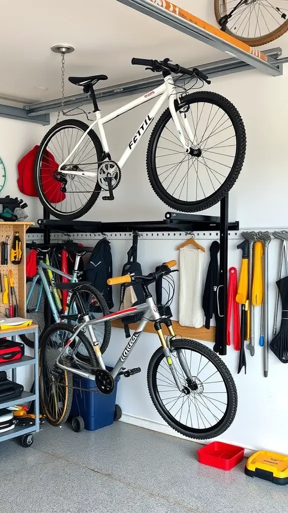 21 Creative Garage Storage Ideas You Need to Try 6 Two bikes stored vertically on wall-mounted racks in a garage.