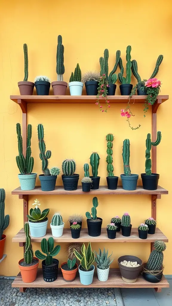 17 Inspiring Indoor Plant Wall Designs Featuring Cacti 6 A vertical cactus garden displayed on wooden shelves against a bright yellow wall, featuring various types of cacti and succulents in colorful pots.