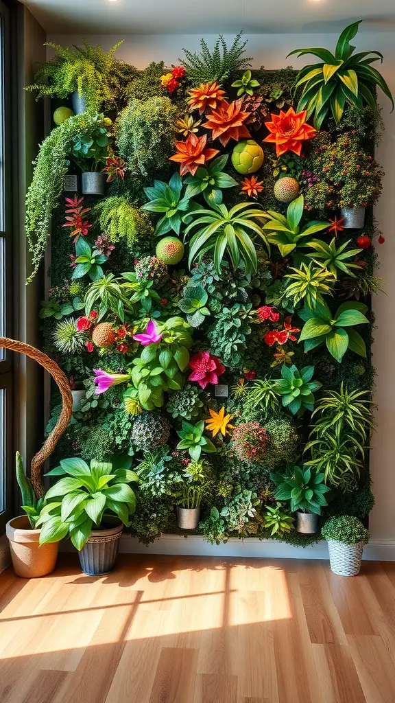 25 Stunning Floral Indoor Plant Wall Ideas for Your Home 8 A vibrant vertical garden wall featuring various indoor plants and flowers.