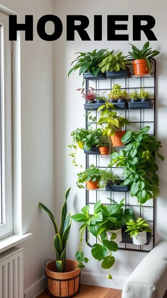 A vertical garden with various plants in pots arranged on a wall, alongside a potted snake plant near a window.