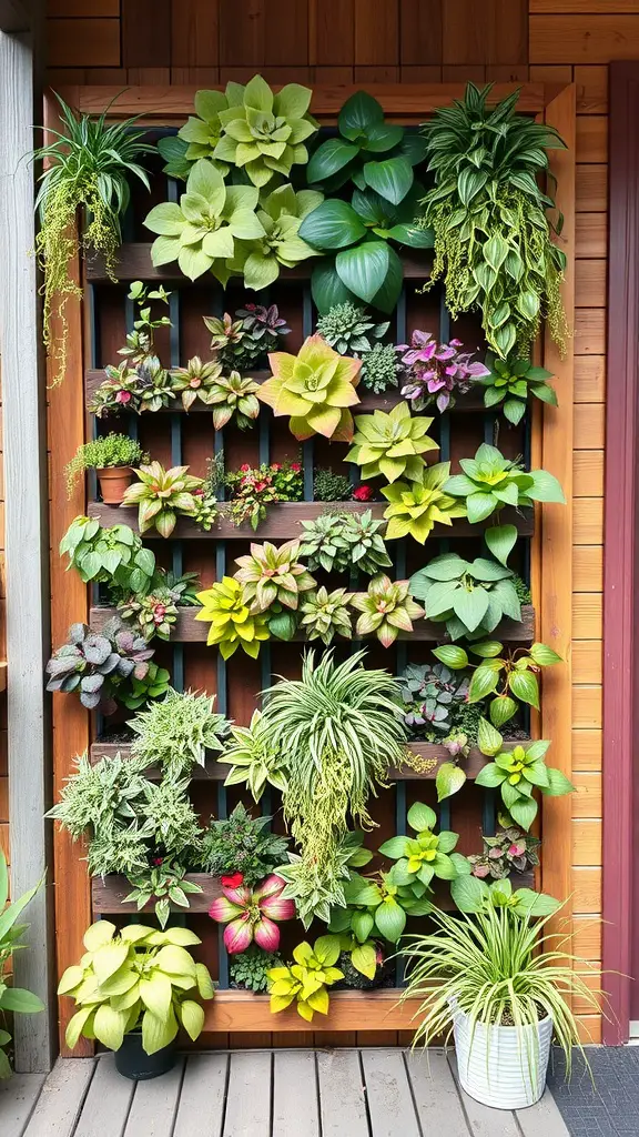 A vertical garden installation featuring a variety of lush plants arranged in a wooden frame.