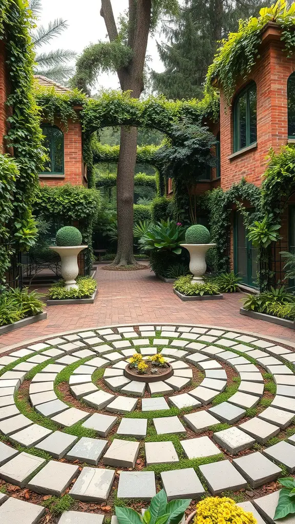 15 Stunning Labyrinth Garden Ideas for Your Outdoor Space 7 A vertical garden labyrinth featuring lush greenery on brick walls and a spiral stone pathway surrounded by flowers.