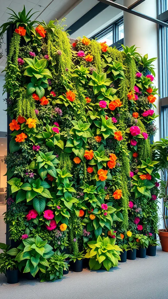 A vibrant vertical garden wall featuring various green plants and colorful flowers.