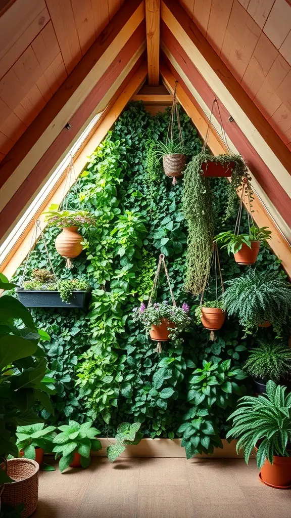 A vertical garden wall in an attic plant room featuring a variety of green plants in hanging pots against a wooden wall.
