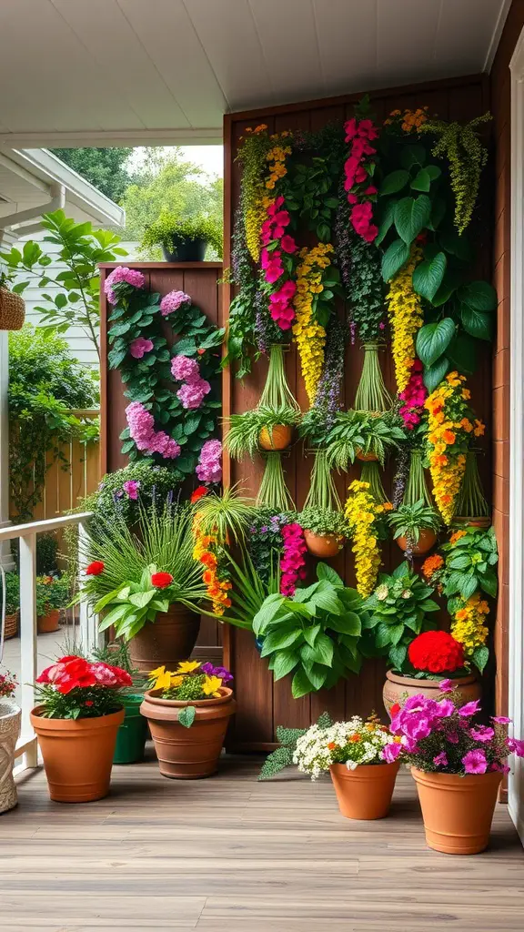 21 Charming Small Back Porch Ideas to Transform Your Outdoor Space 5 A vibrant vertical garden wall featuring various colorful flowers and lush green plants on a back porch.