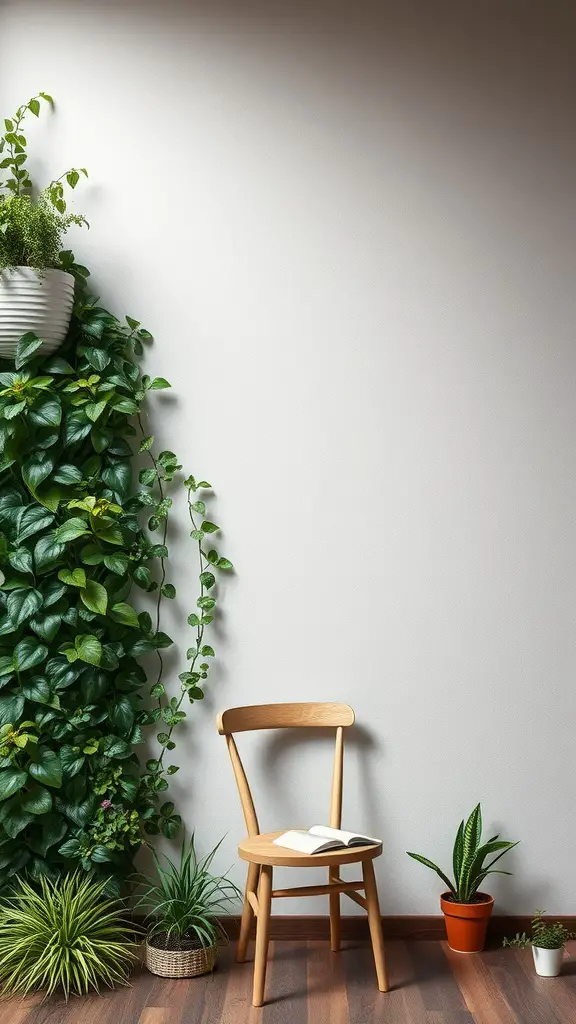 13 Cozy Garden Reading Nook Ideas for Book Lovers 11 A cozy reading nook featuring a vertical garden wall with various plants and a wooden chair.