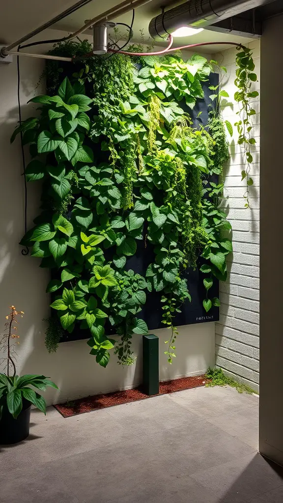 A vertical garden wall filled with various green plants in a basement setting.