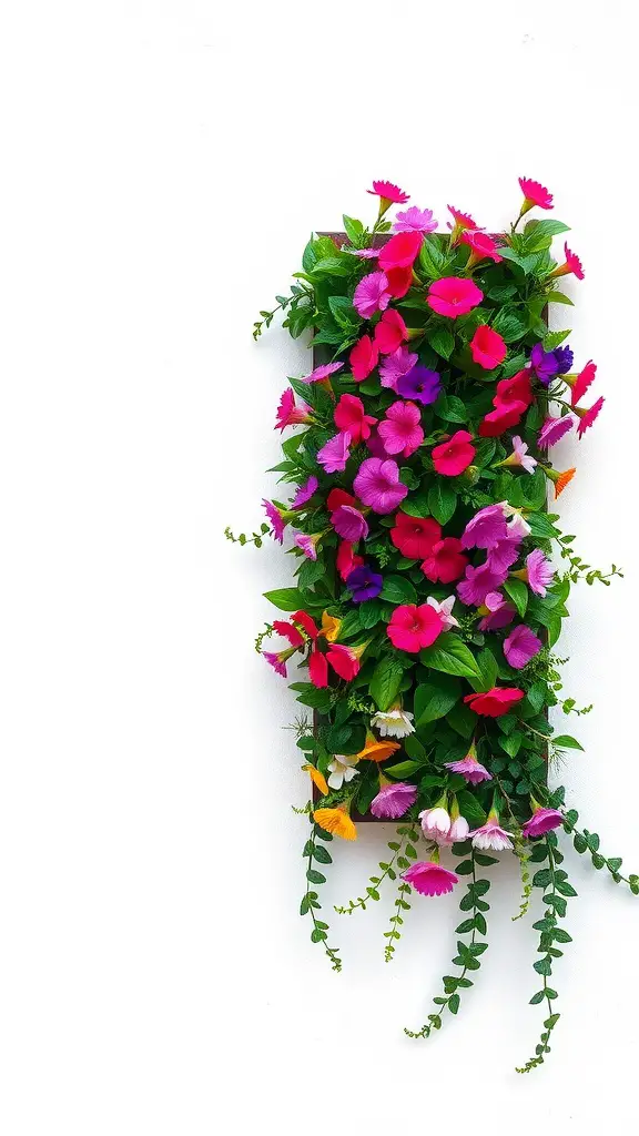 A vertical garden wall planter filled with colorful flowers in pink, purple, and orange against a white background.