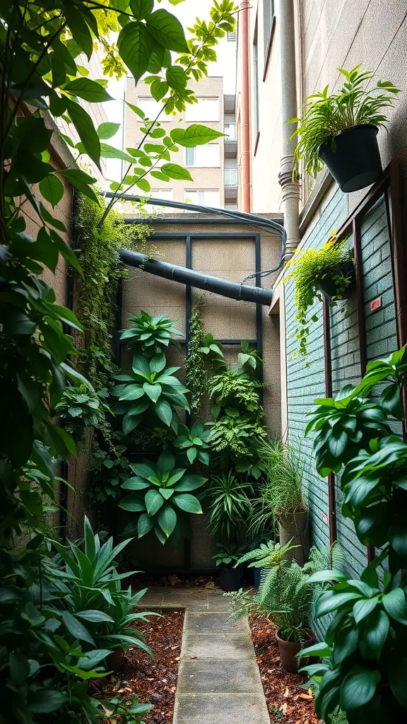 27 Creative Enclosed Garden Ideas for Your Outdoor Oasis 6 A narrow garden corridor featuring lush green plants on both sides, showcasing vertical garden walls.