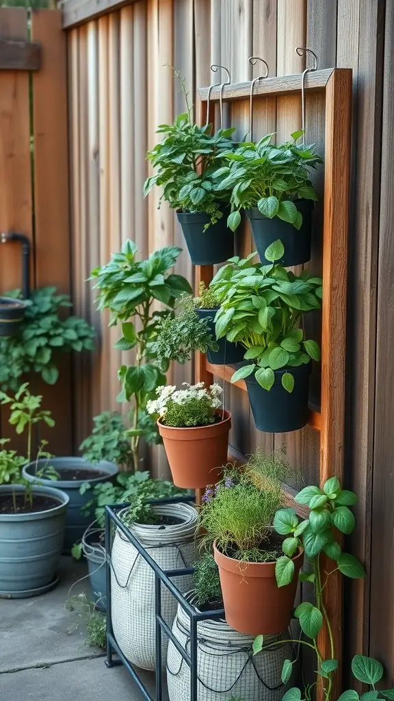 23 Affordable Backyard Patio Ideas to Transform Your Outdoor Space 7 Vertical garden with herbs in hanging pots against a wooden wall.