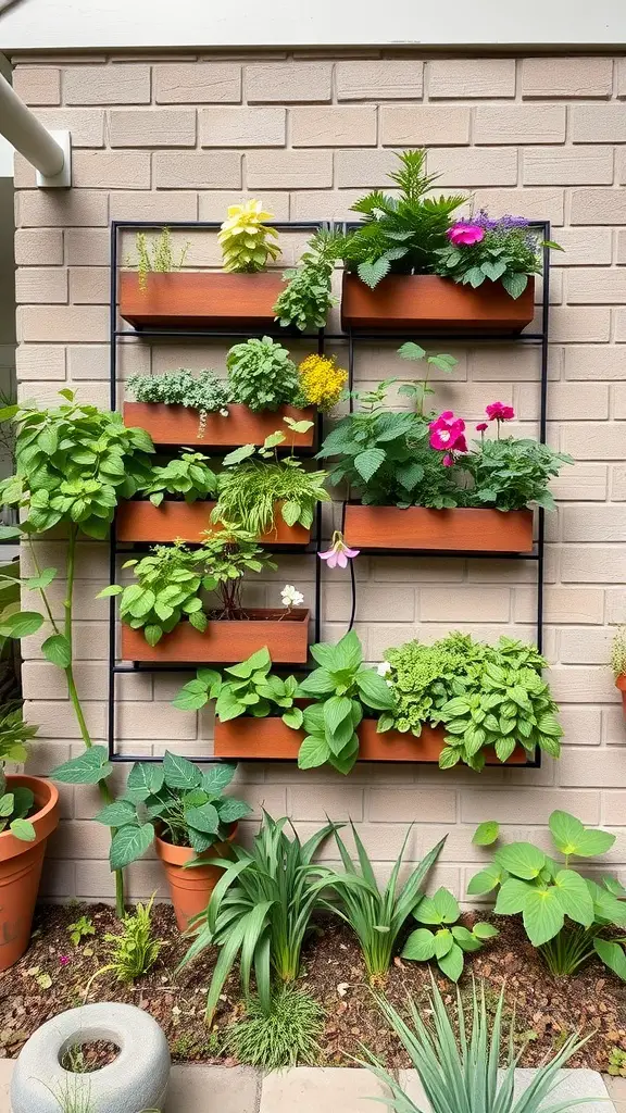 13 Simple Landscaping Ideas for Your Front Yard 8 Vertical garden display with various herbs and flowers in planter boxes against a wall.