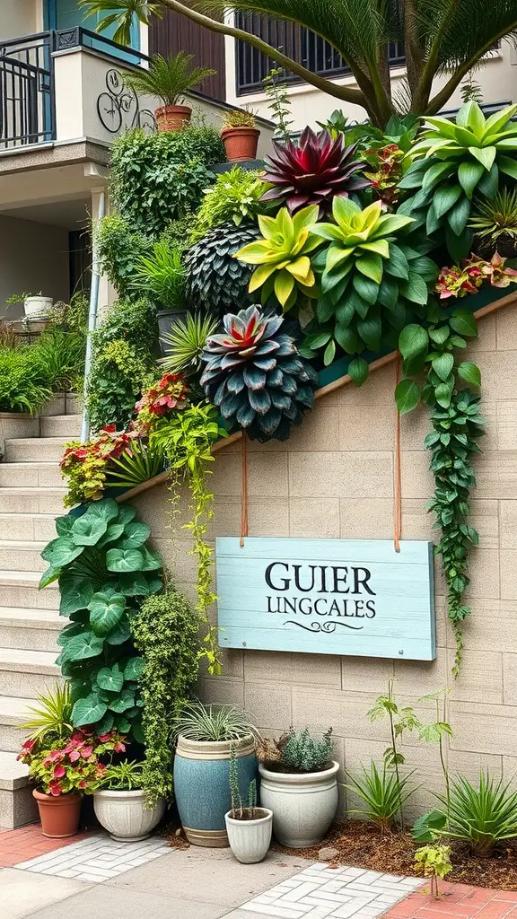 21 Creative Sloped Backyard Landscaping Ideas You’ll Love 15 A vibrant vertical garden with various plants cascading down a staircase, showcasing colorful foliage and containers.