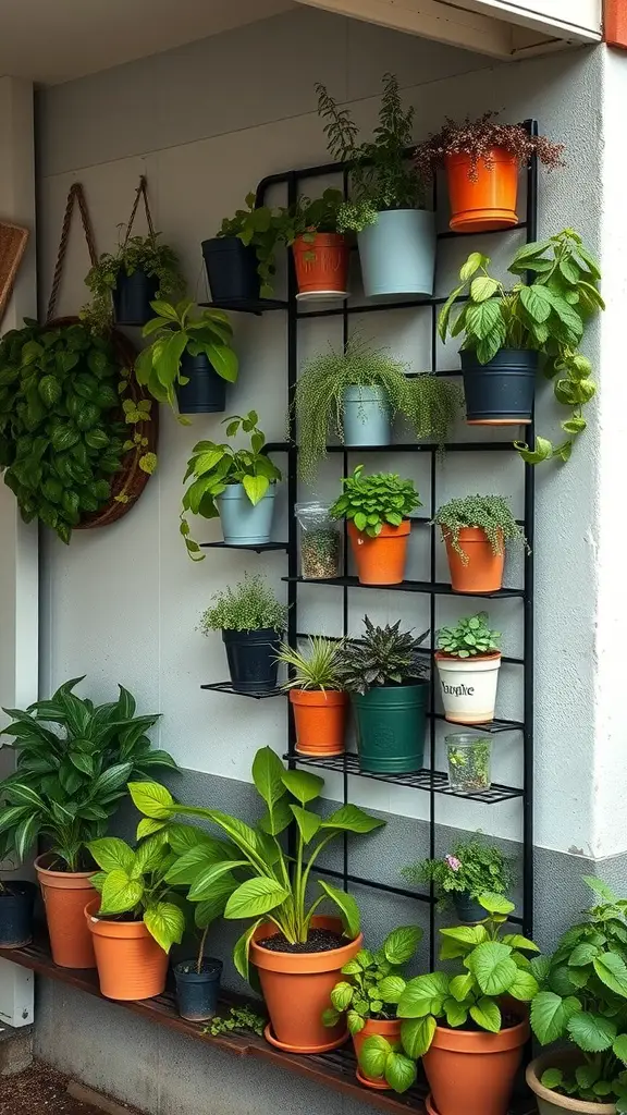Vertical garden on a garage wall with various potted plants arranged on a metal rack.