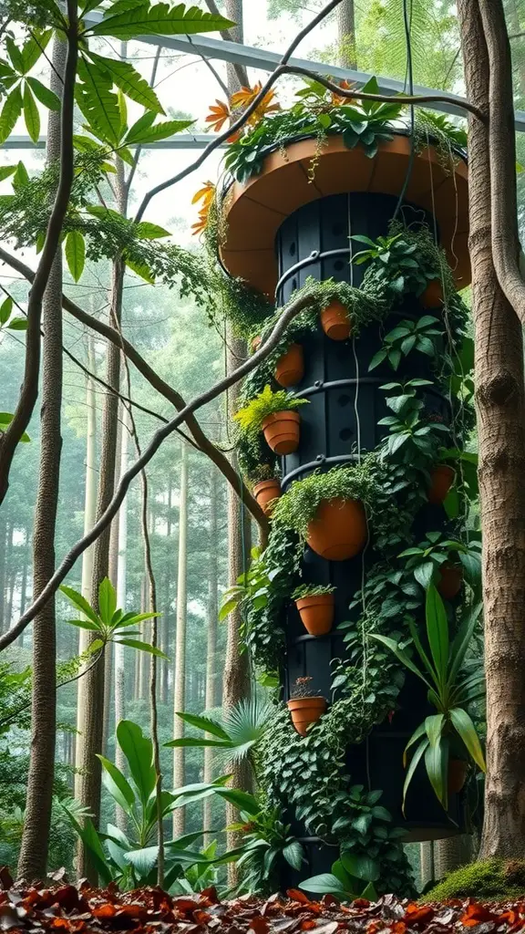 15 Inspiring Forest Garden Ideas for Your Outdoor Space 13 A vertical garden structure with various potted plants surrounded by a forest.