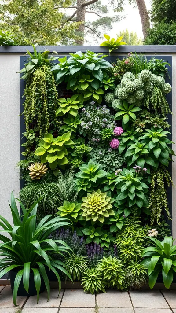 19 Stunning Large Backyard Layout Ideas to Transform Your Outdoor Space 15 A lush vertical garden wall filled with various green plants and flowers.