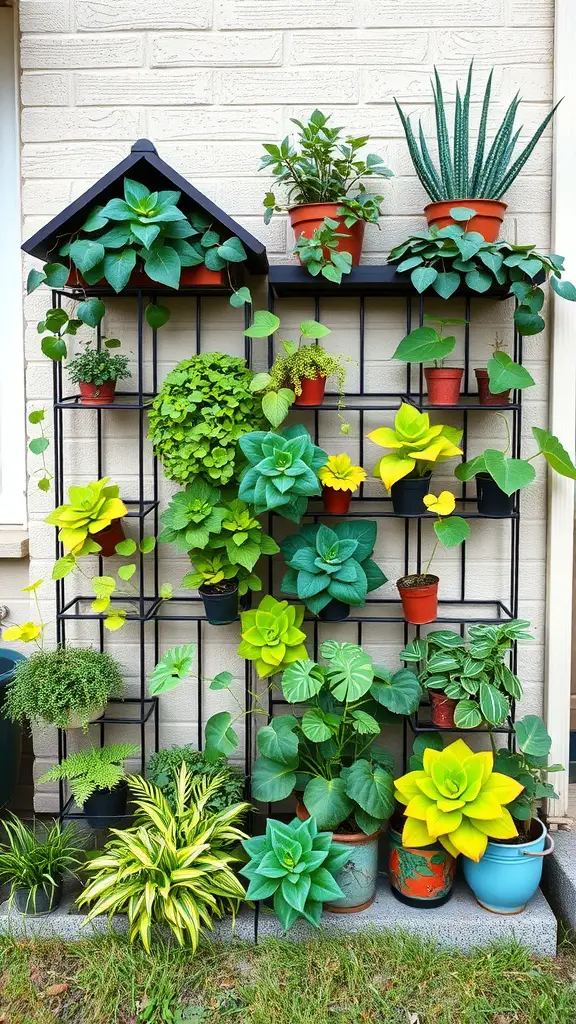 19 Stunning Small Front Yard Landscaping Ideas 6 A vertical garden featuring various potted plants on a black shelf against a light-colored wall.