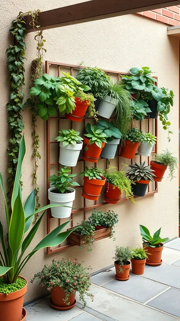 A vertical garden featuring various potted plants arranged on a wall structure.