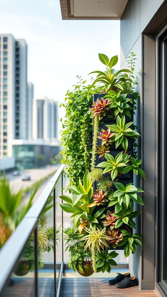 23 Inspiring Modern Garden Ideas to Transform Your Outdoor Space 8 A vertical garden on a balcony with various plants, overlooking an urban landscape.