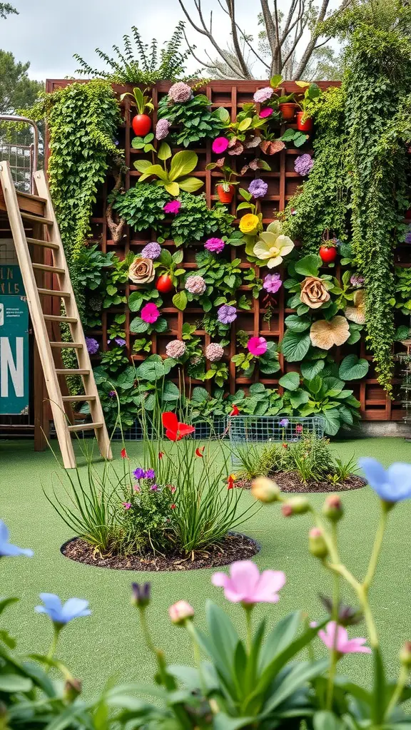 23 Creative Playground Landscaping Ideas for Endless Fun 17 A vibrant vertical garden wall with colorful flowers and plants in a playground setting.