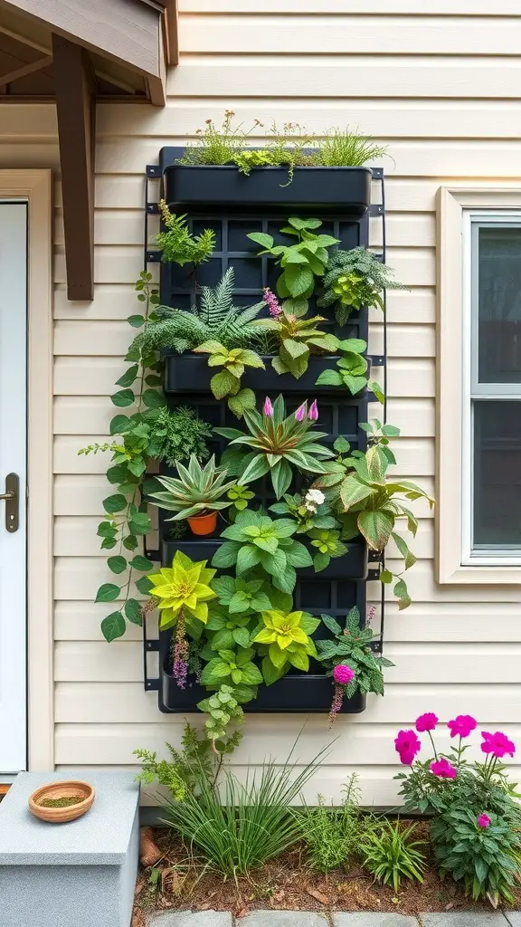 A vibrant vertical garden with various plants mounted on a wall next to a door.