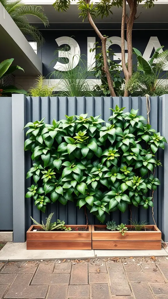17 Creative Landscaping Ideas for Your Fence Area 9 A vertical garden against a sleek gray fence, featuring climbing plants and wooden planter boxes with succulents.