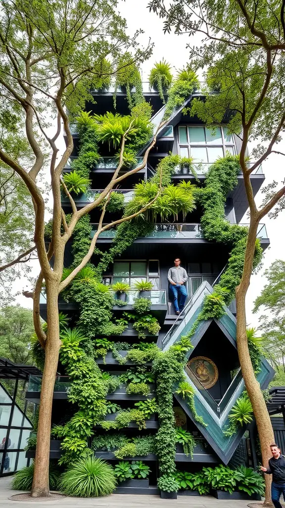 A tall building features a vertical garden with various plants and trees surrounding it.