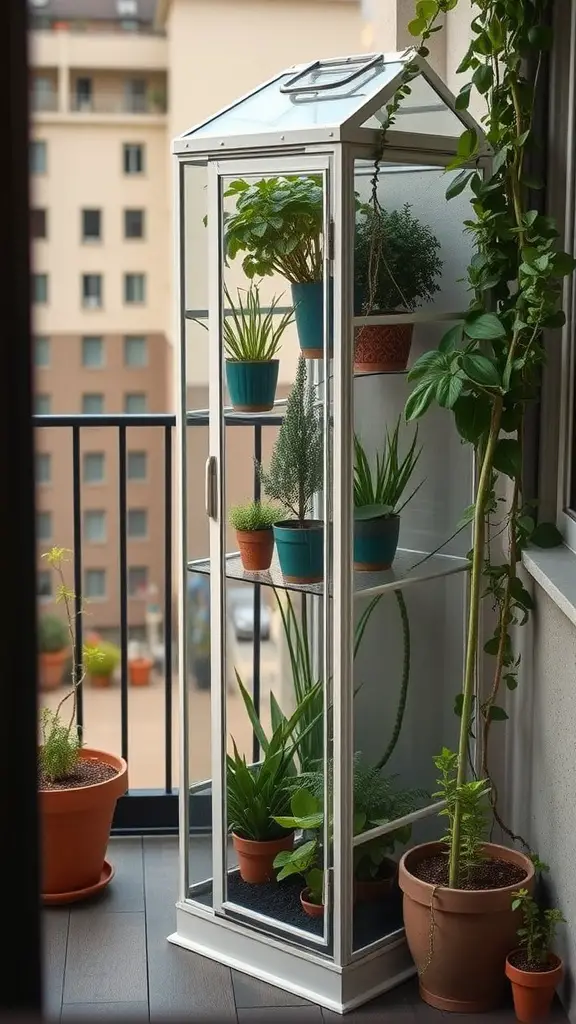21 Creative Mini Greenhouse Ideas to Maximize Your Gardening Space 8 A vertical mini greenhouse filled with various plants on a balcony