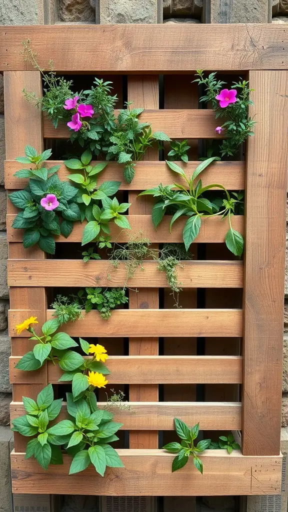 17 Creative Hanging Garden Ideas to Enhance Your Space 5 A vertical garden created from a wooden pallet filled with various plants.