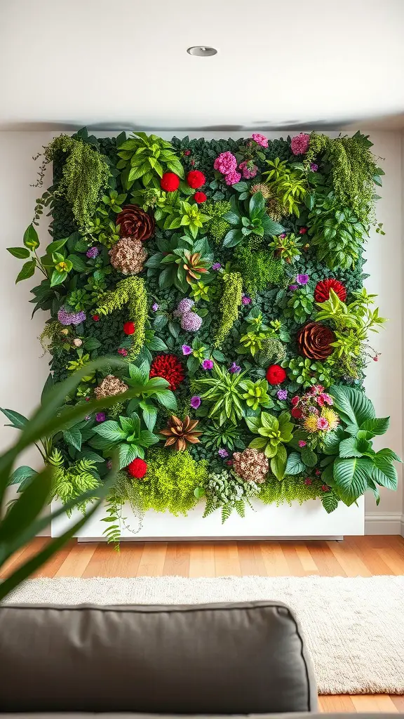 A vibrant vertical plant wall filled with various types of greenery and flowers, enhancing the interior space.