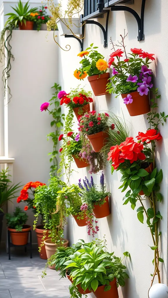 13 Creative Terrace Garden Ideas for Your Home 2 A vibrant display of flowers in vertical planters on a wall.
