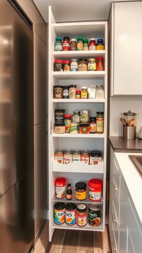 17 Genius Storage Solutions for Small Kitchens 6 A vertical pull-out pantry with organized jars and containers
