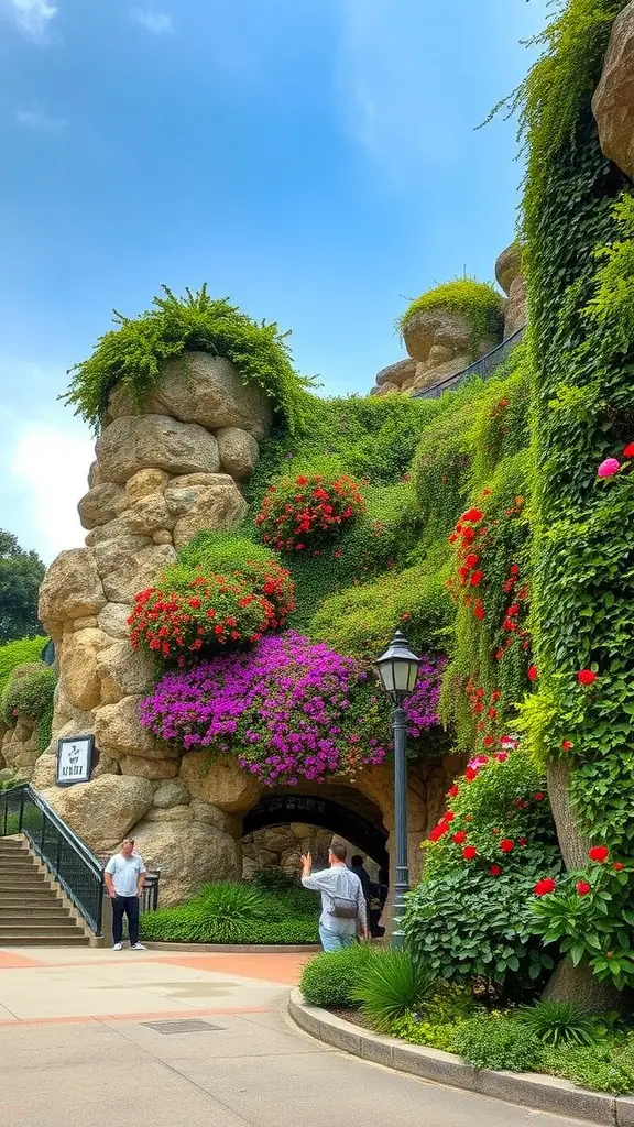 19 Inspiring Rock Garden Ideas for Your Outdoor Space 5 A vertical rock garden adorned with colorful flowers and lush greenery.