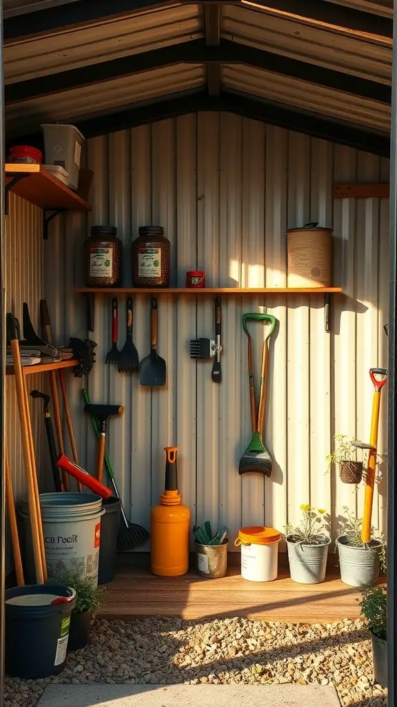 A vertical garden shed with tools organized on racks and shelves.