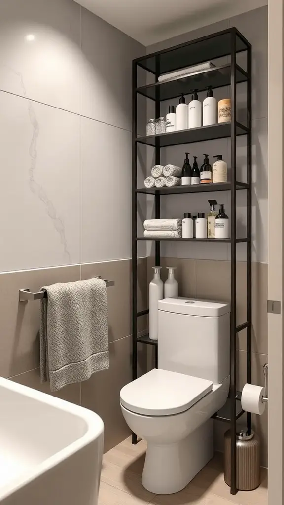 A modern vertical shelving unit in a small bathroom, displaying neatly arranged toiletries and towels next to a toilet.