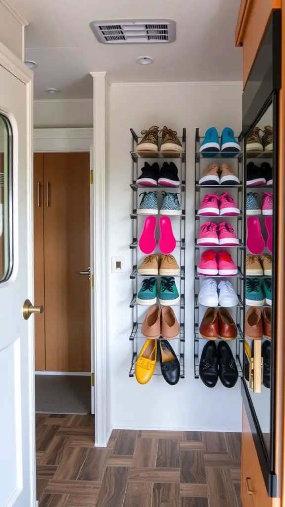 A vertical shoe storage rack displaying colorful shoes in an RV