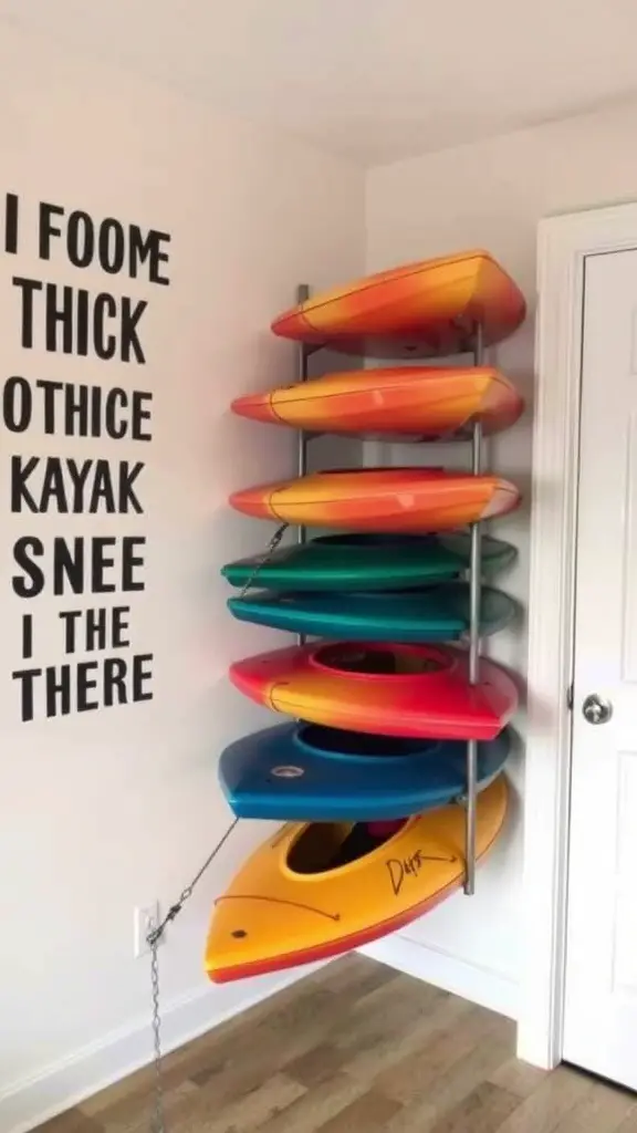25 Creative Kayak Storage Ideas for Small Spaces 9 Vertical kayak storage rack with colorful kayaks stacked against a wall.